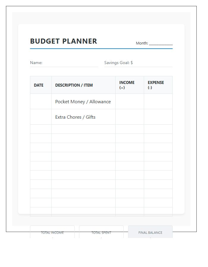 Youth Pocket Money Management Printable Budget Chart