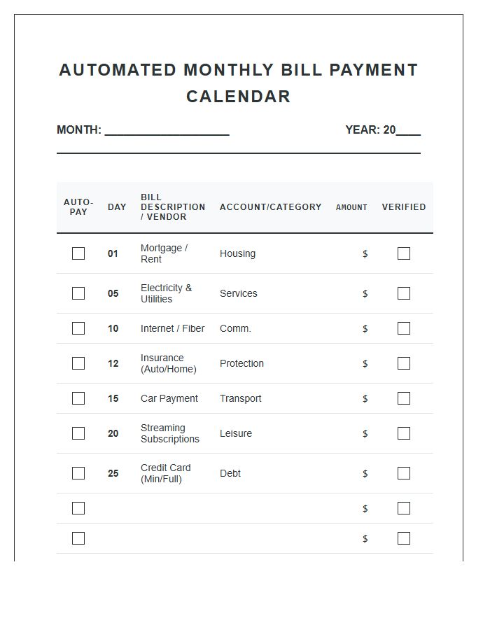 Automated Monthly Bill Payment Calendar Printable Chart