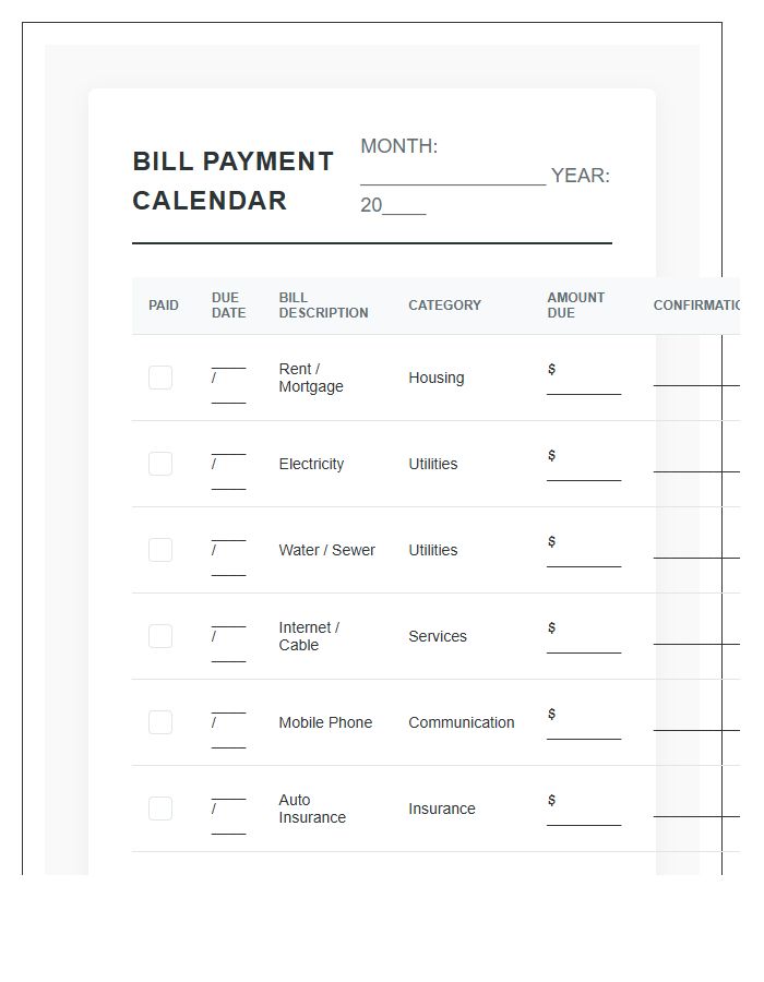 Comprehensive Monthly Bill Payment Calendar Printable Chart