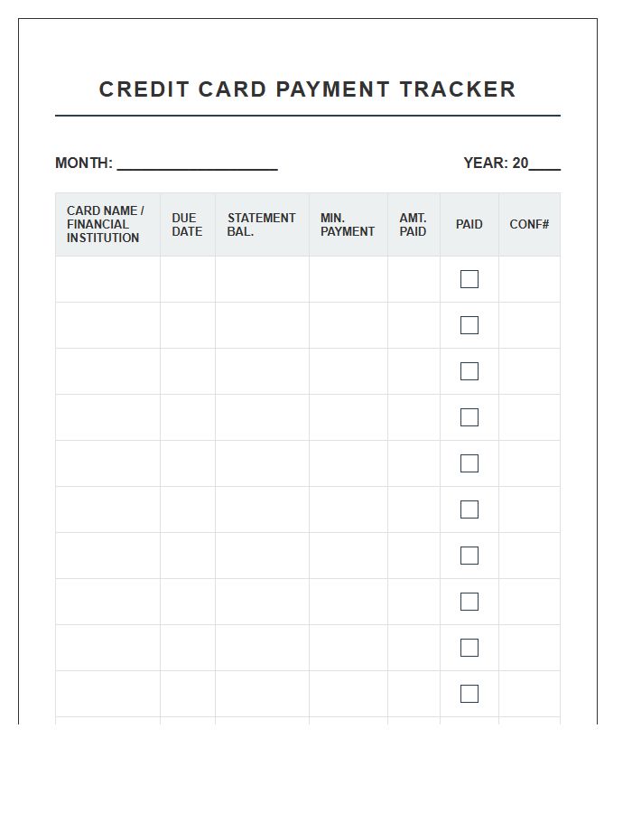 Credit Card Monthly Bill Payment Calendar Printable Chart