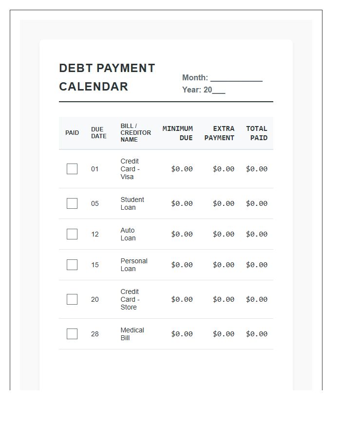 Debt Management Monthly Bill Payment Calendar Printable Chart