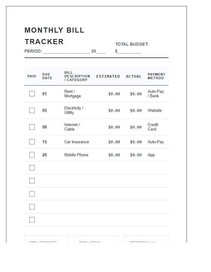 Detailed Monthly Bill Payment Calendar Printable Chart