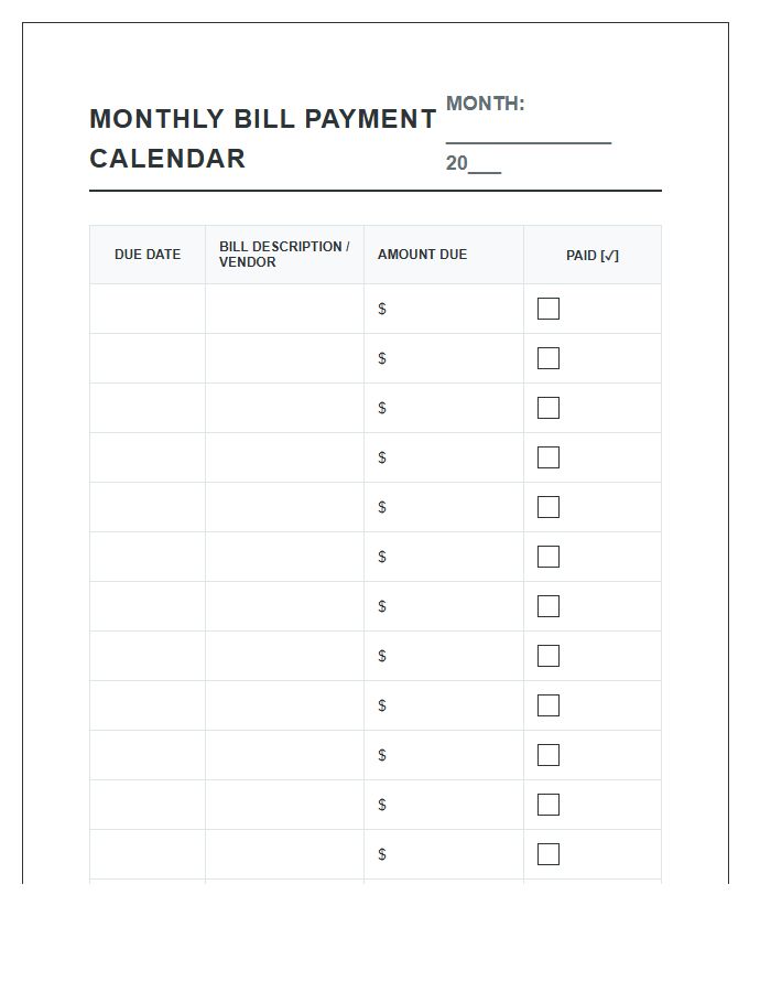 Family Expense Monthly Bill Payment Calendar Printable Chart