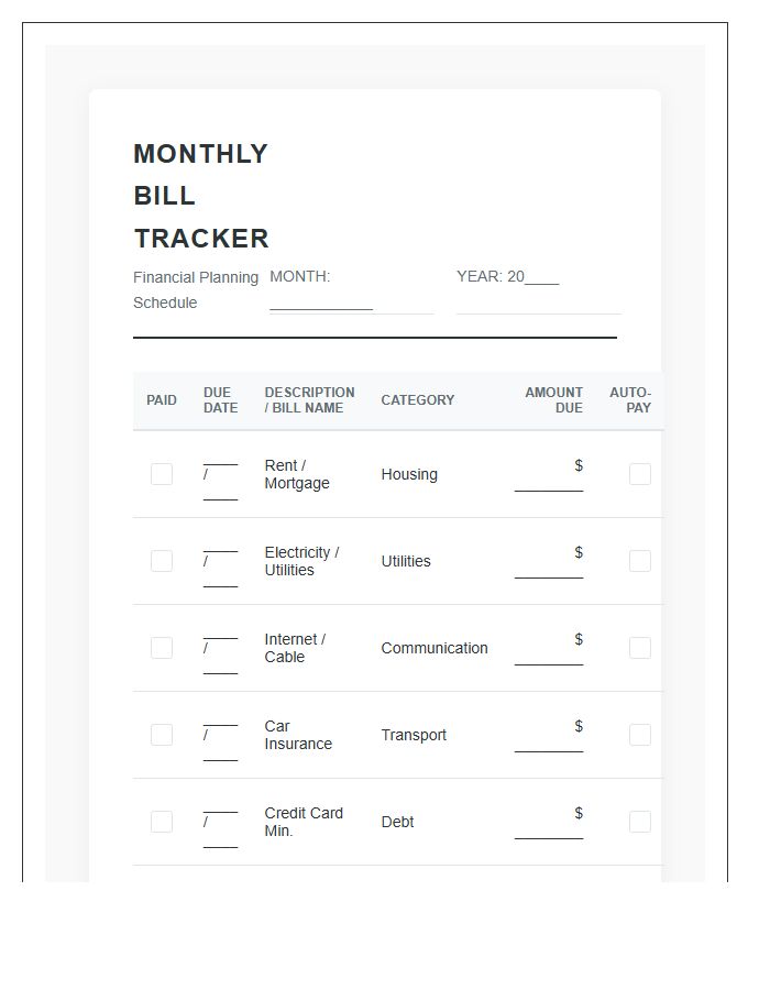 Financial Planning Monthly Bill Payment Calendar Printable Chart
