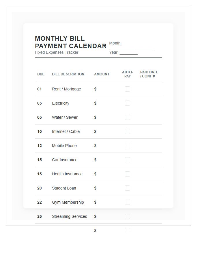 Fixed Expense Monthly Bill Payment Calendar Printable Chart