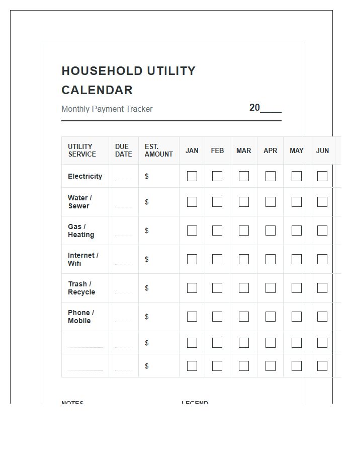 Household Utility Monthly Bill Payment Calendar Printable Chart