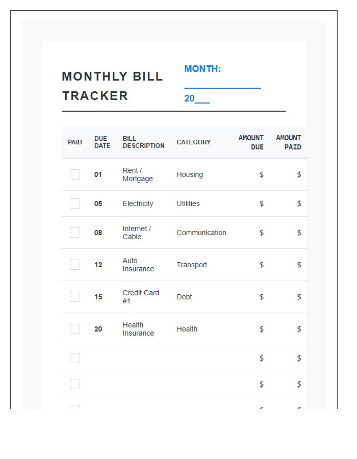 Organized Monthly Bill Payment Calendar Printable Chart