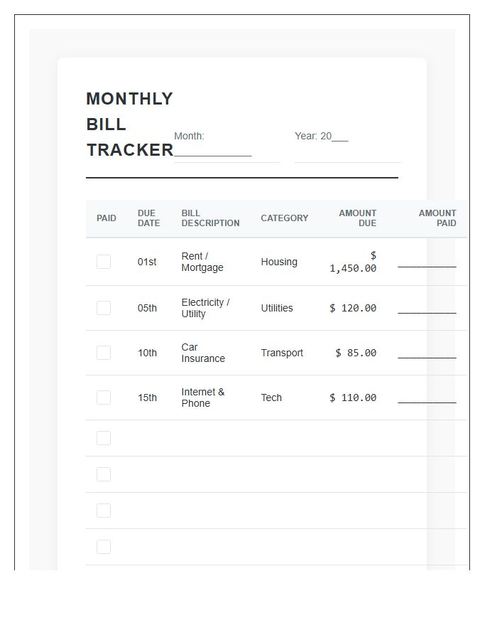 Personal Budget Monthly Bill Payment Calendar Printable Chart