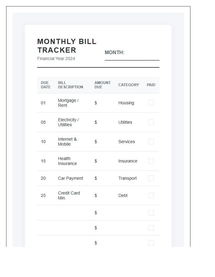 Professional Monthly Bill Payment Calendar Printable Chart