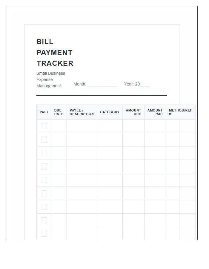 Small Business Monthly Bill Payment Tracking Calendar Printable Chart