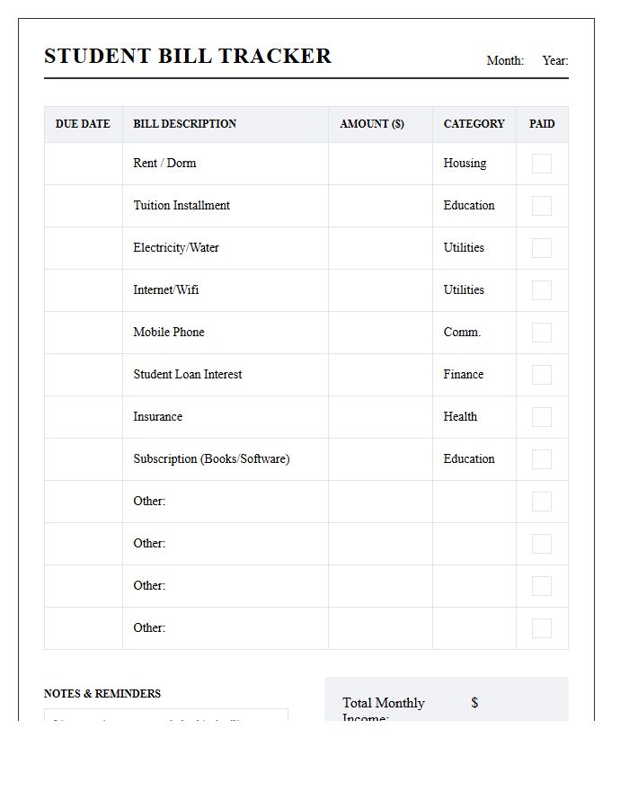 Student Finance Monthly Bill Payment Calendar Printable Chart