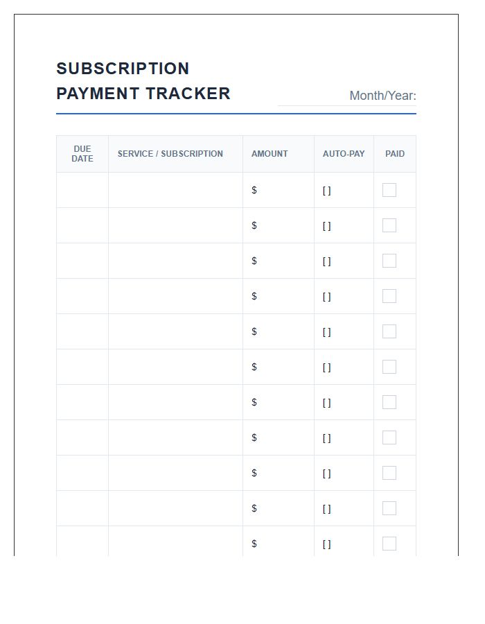 Subscription Service Monthly Bill Payment Calendar Printable Chart