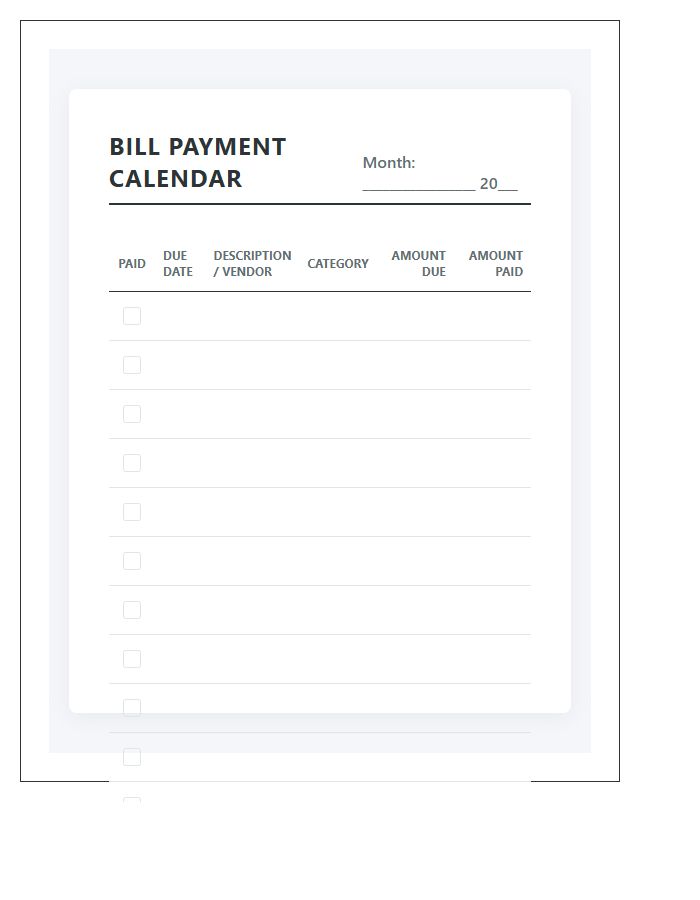Systematic Monthly Bill Payment Calendar Printable Chart