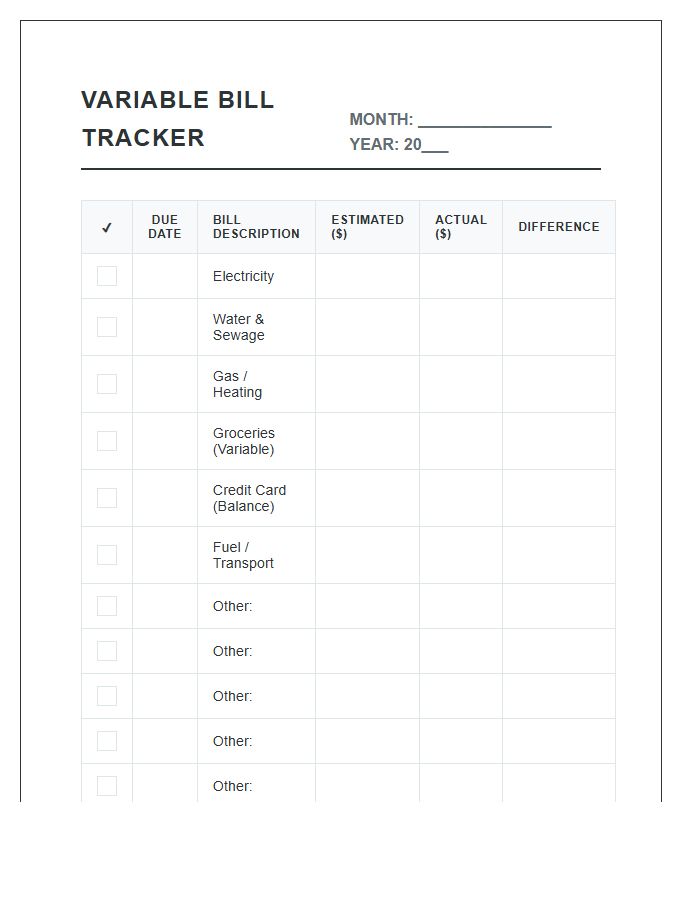 Variable Monthly Bill Payment Calendar Printable Chart