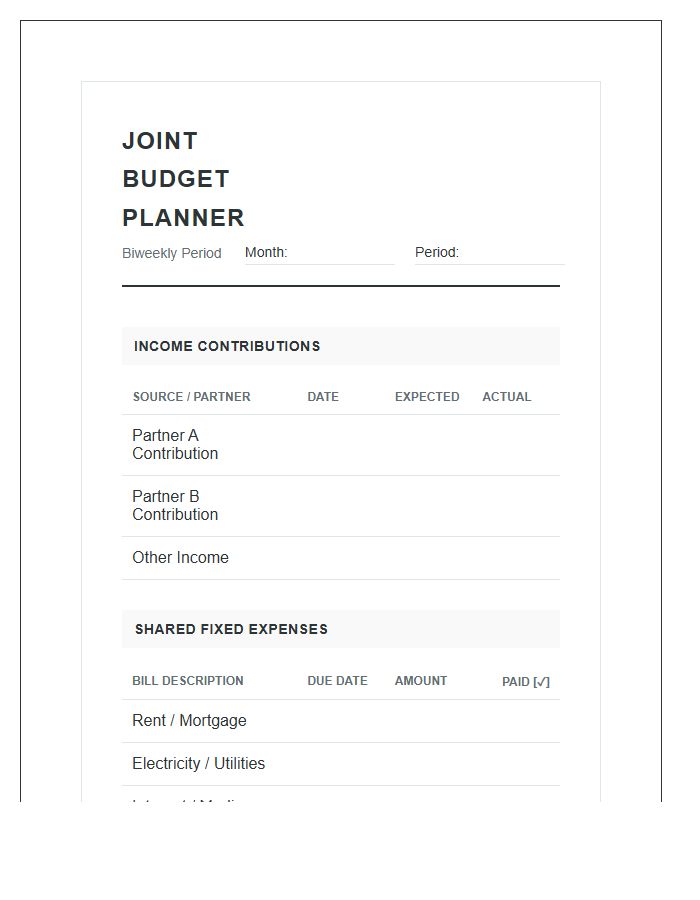 Biweekly Couple Joint Account Printable Budget Chart