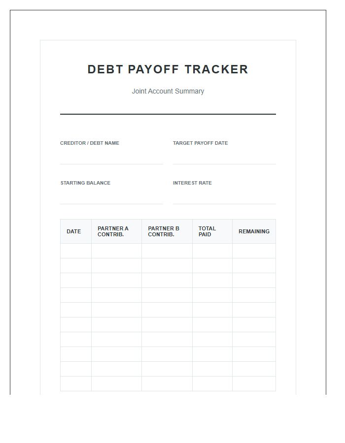 Debt Payoff Joint Account Printable Budget Chart