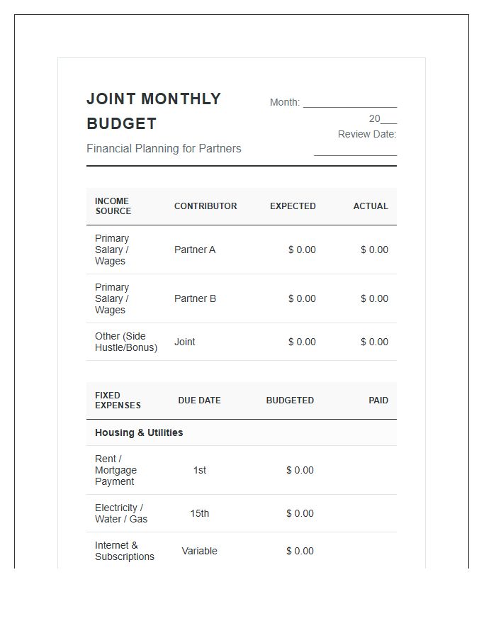 Detailed Couple Joint Account Printable Budget Chart