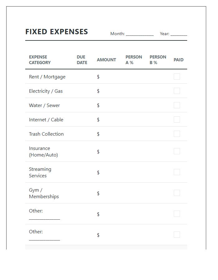 Fixed Expenses Joint Account Printable Budget Chart