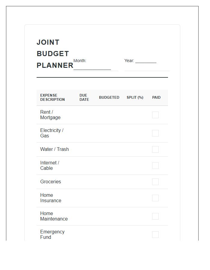 Household Expense Joint Account Printable Budget Chart