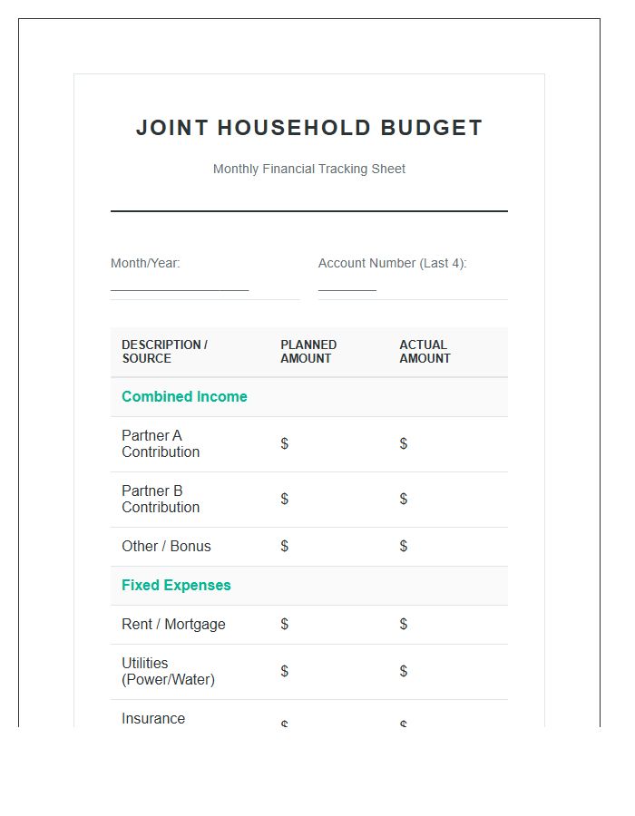 Household Income Joint Account Printable Budget Chart