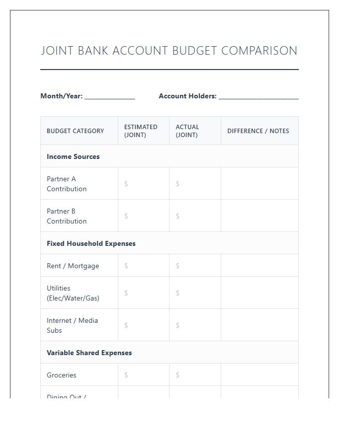 Joint Bank Account Printable Budget Comparison Chart