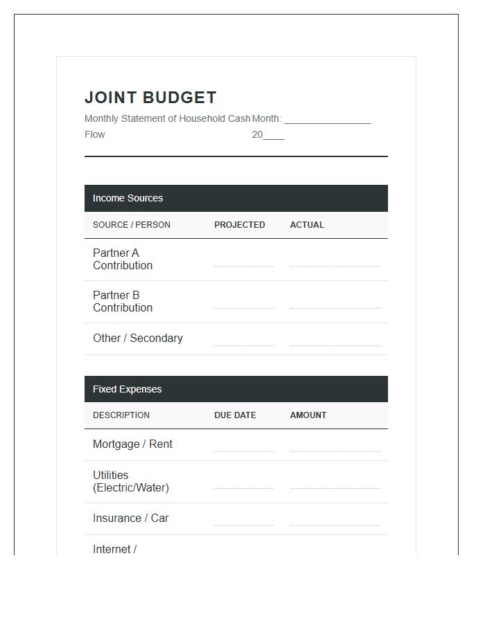 Monthly Couple Joint Account Printable Budget Chart