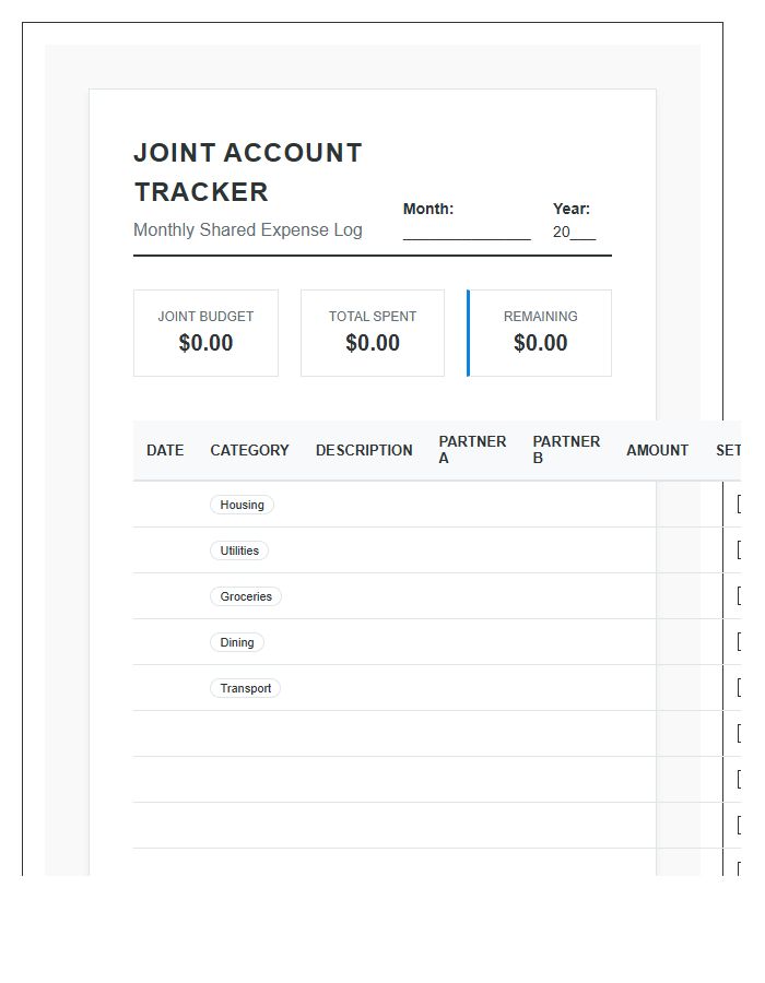 Partner Expense Tracking Joint Account Printable Budget Chart