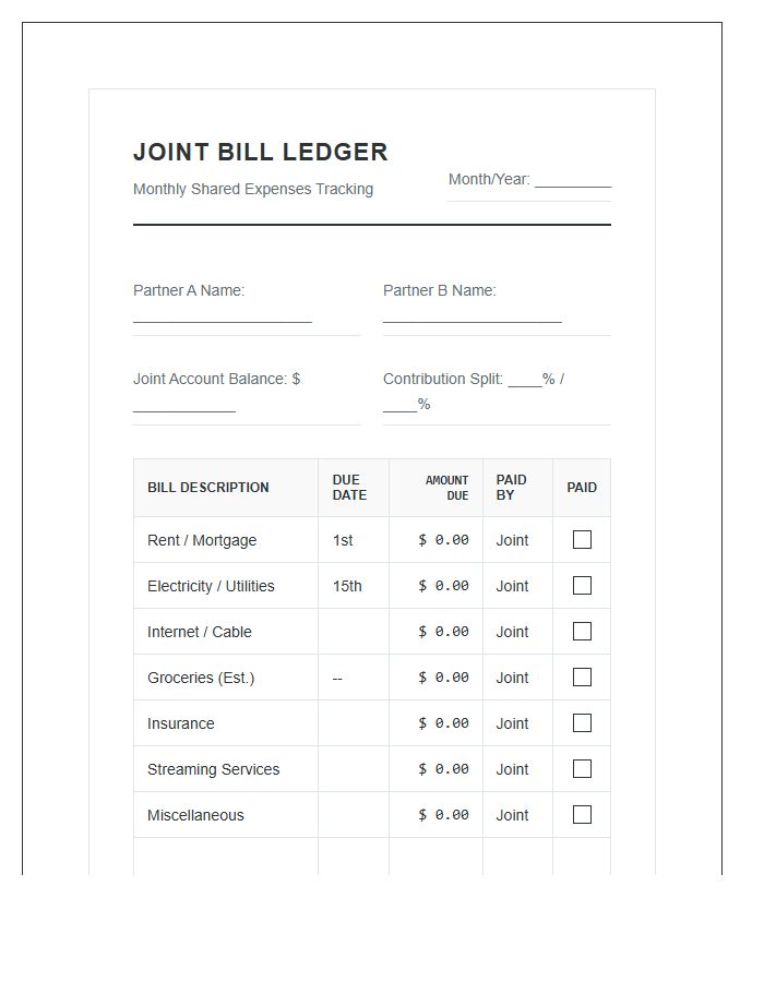 Shared Bill Payment Joint Account Printable Budget Chart