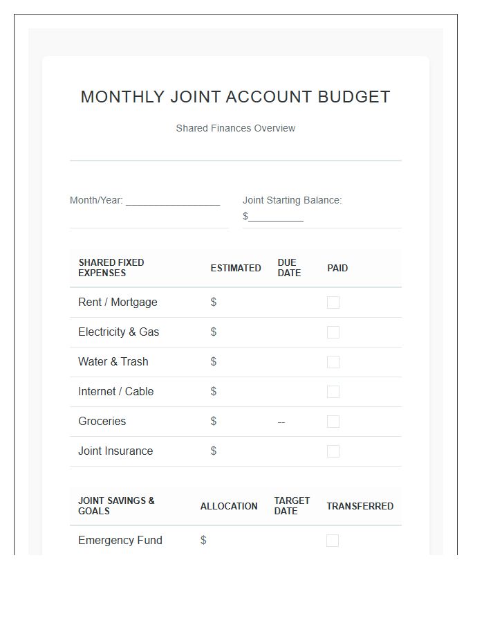 Shared Finances Couple Joint Account Printable Budget Chart