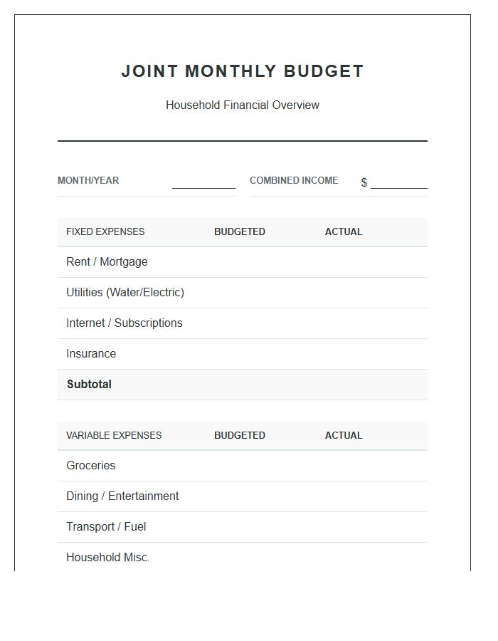 Simple Couple Joint Account Printable Budget Chart