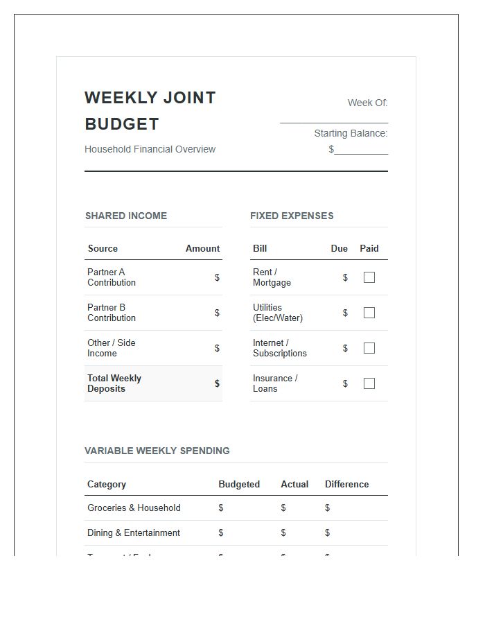 Weekly Household Joint Account Printable Budget Chart