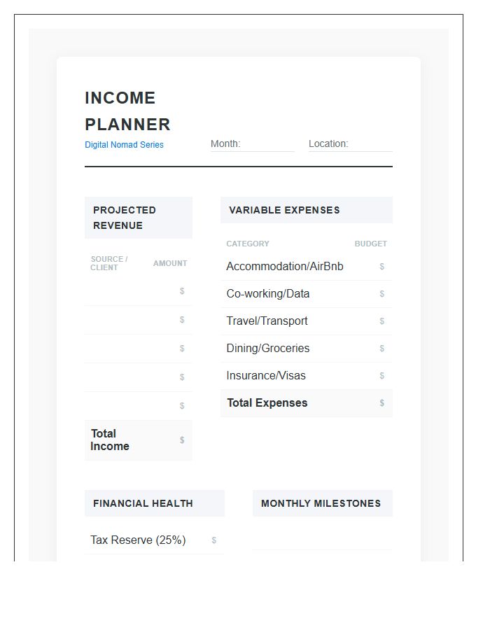 Digital Nomad Income Planner Printable Budget Chart