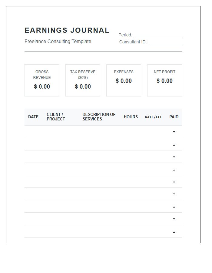 Freelance Consultant Earnings Journal Printable Budget Chart