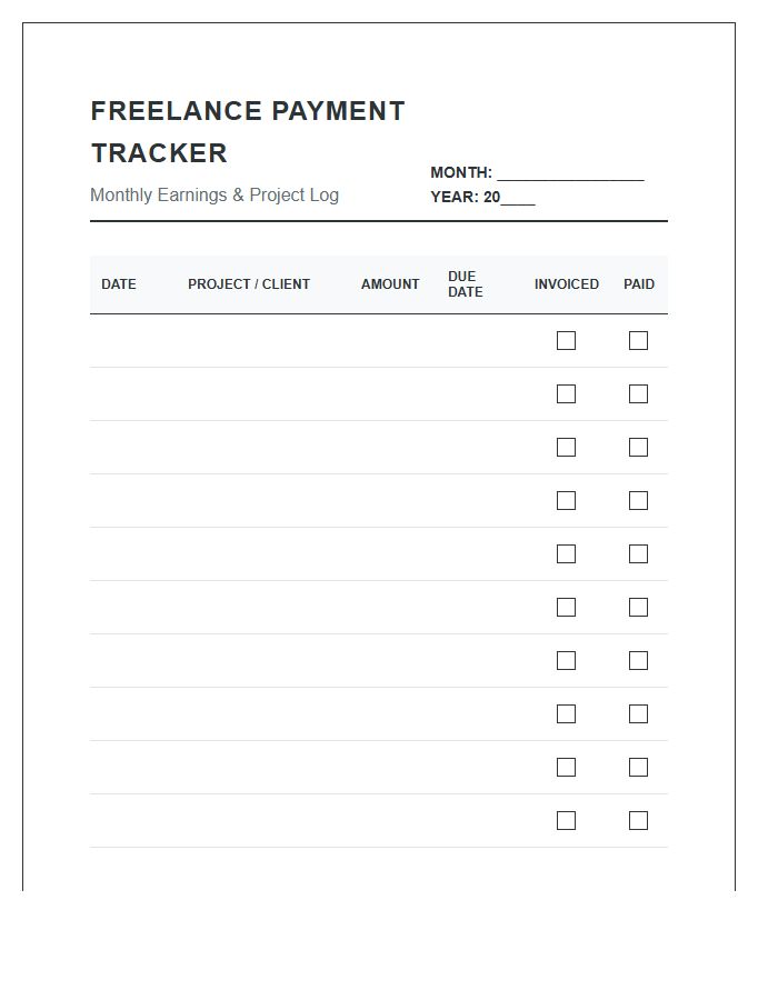 Freelance Project Payment Tracker Printable Monthly Budget Chart