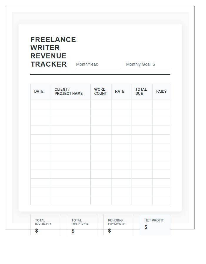 Freelance Writer Revenue Tracker Printable Budget Chart
