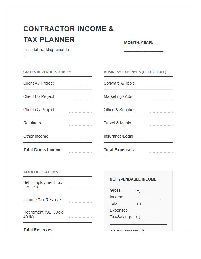Independent Contractor Financial Planning Printable Income Budget Chart