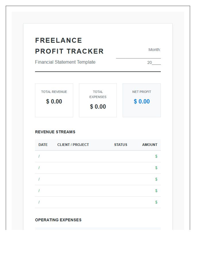 Monthly Freelance Profit Tracking Printable Finance Budget Chart