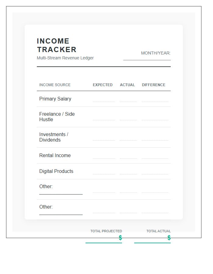 Multi Stream Income Tracker Printable Budget Chart
