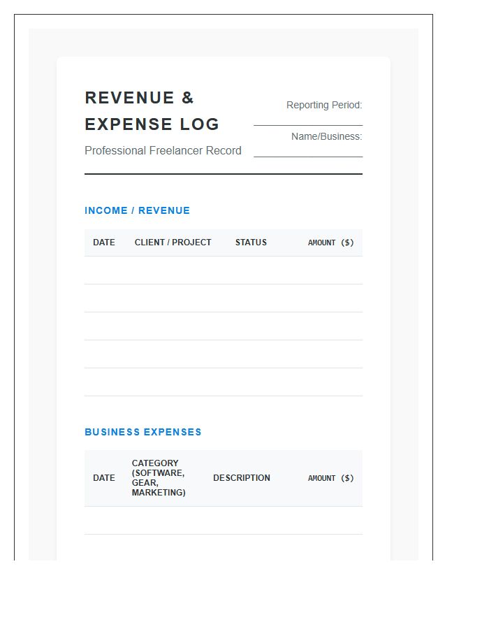 Professional Freelancer Revenue Log Printable Expense Budget Chart
