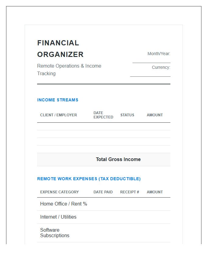 Remote Worker Financial Organizer Printable Income Budget Chart