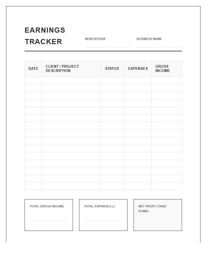 Self Employed Earnings Tracker Printable Monthly Budget Chart