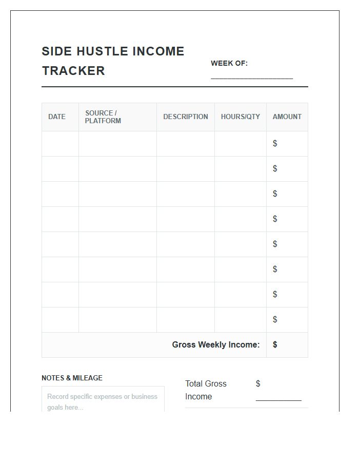 Side Hustle Income Records Printable Weekly Budget Chart