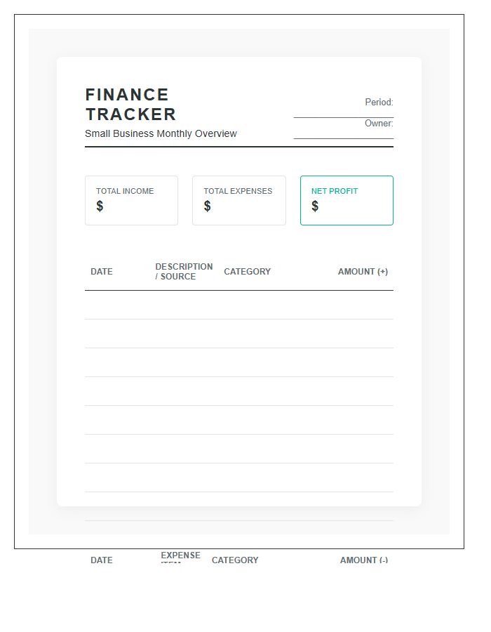 Small Business Finance Tracker Printable Income Budget Chart