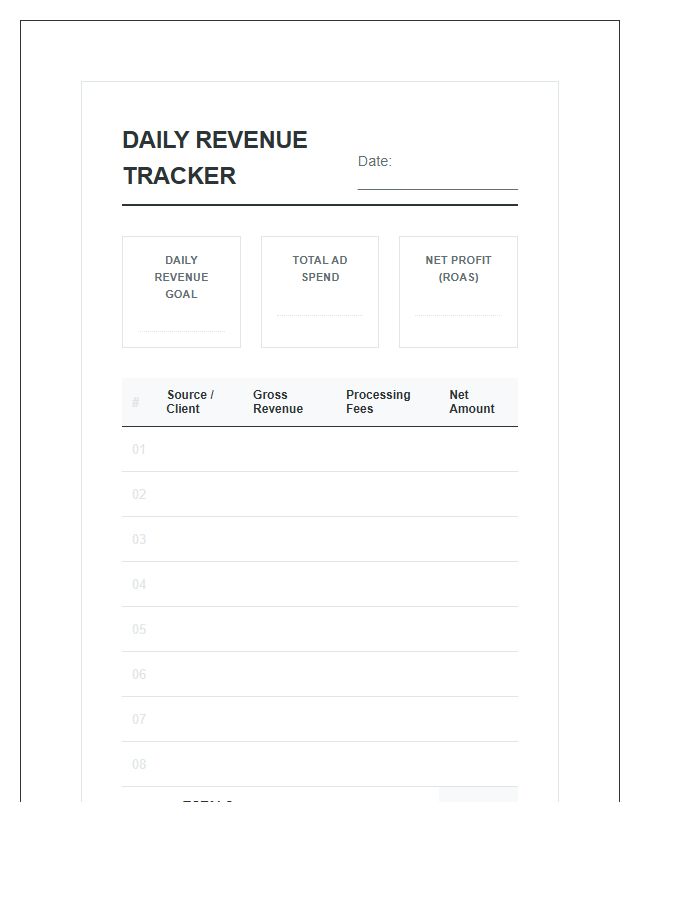 Solopreneur Revenue Monitoring Printable Daily Budget Chart