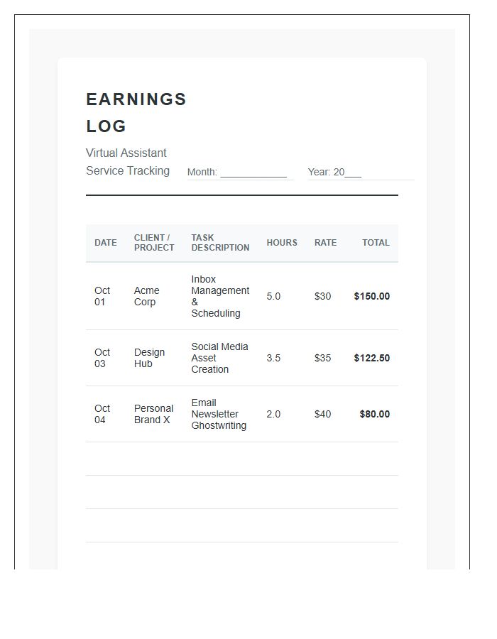 Virtual Assistant Earnings Log Printable Budget Chart