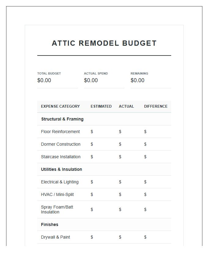 Attic Remodel Printable Budget Organization Chart