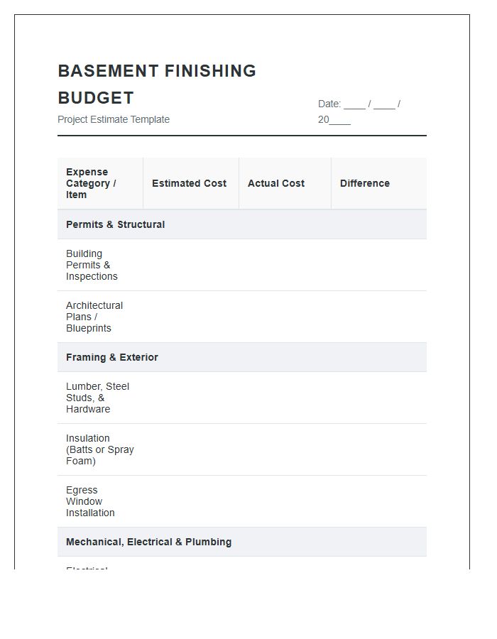Basement Finishing Printable Budget Estimate Chart