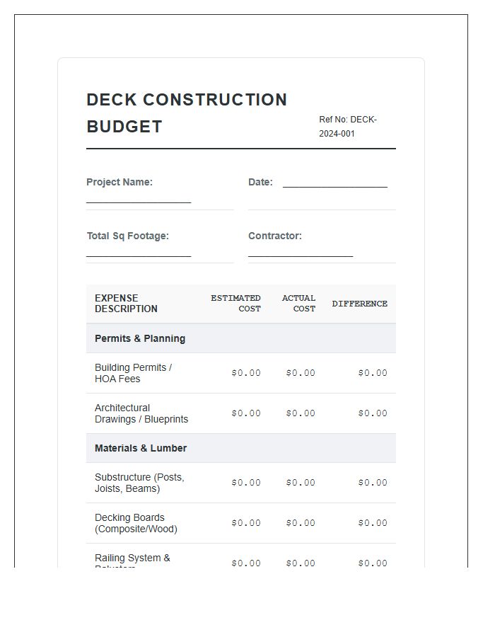 Deck Construction Printable Project Budget Chart