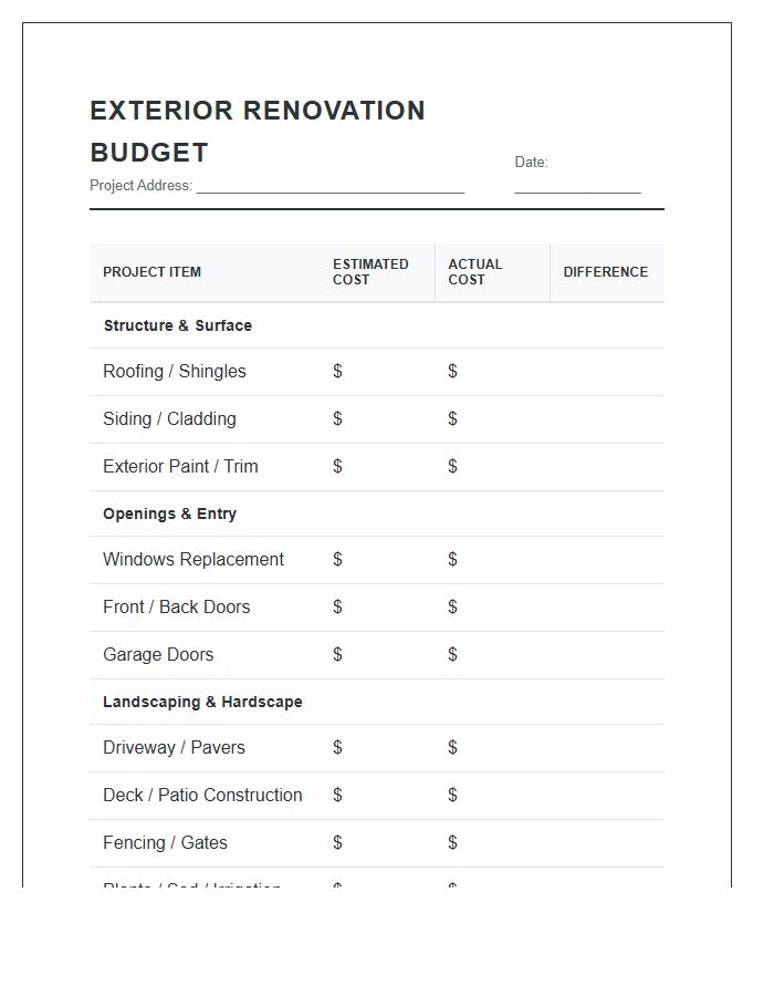 Exterior Home Renovation Printable Budget Planning Chart