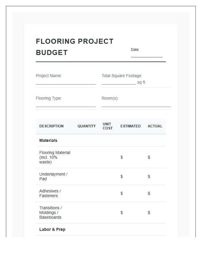 Flooring Installation Printable Project Budget Chart